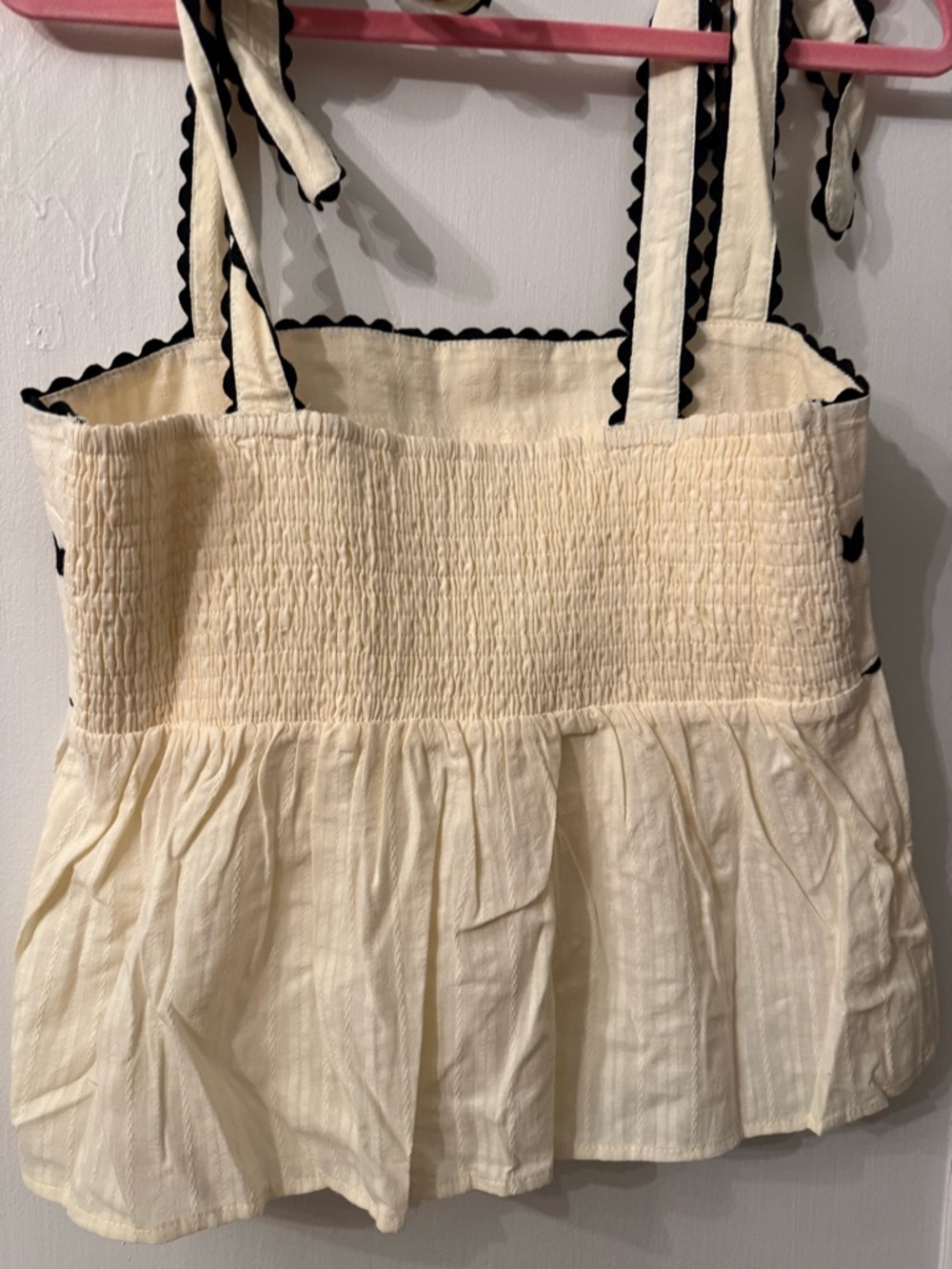 Cream Tie-Shoulder Top with Black Ric Rac Trim - Picture 2 of 5
